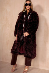 Paulette Burgundy Shaggy Faux Fur Belted Coat