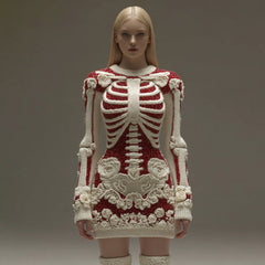 Women's Vintage Halloween Skeleton Bones Rose Art Cozy Knit Mini Sweater Dress artswardrobe