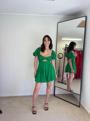 MARE LINEN SHORT SLEEVE CUT OUT MINI DRESS - TREE GREEN