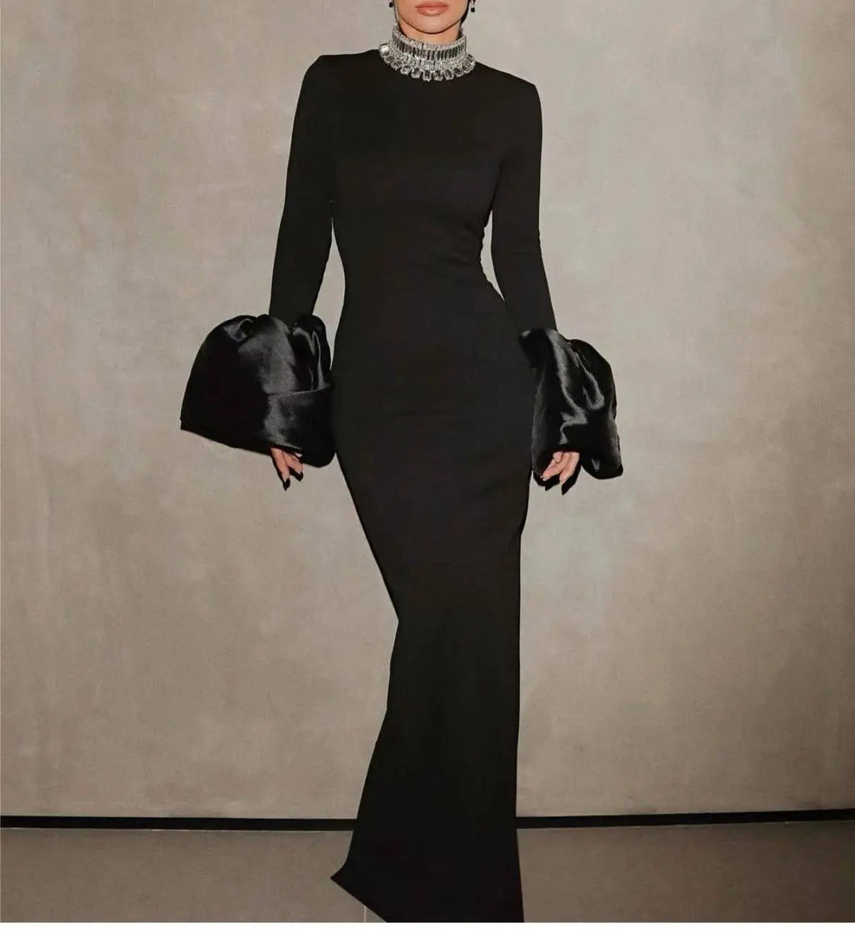 Diamond Necklace Maxi Dress Flare-Cuff Black Bodycon Gown Productseeker