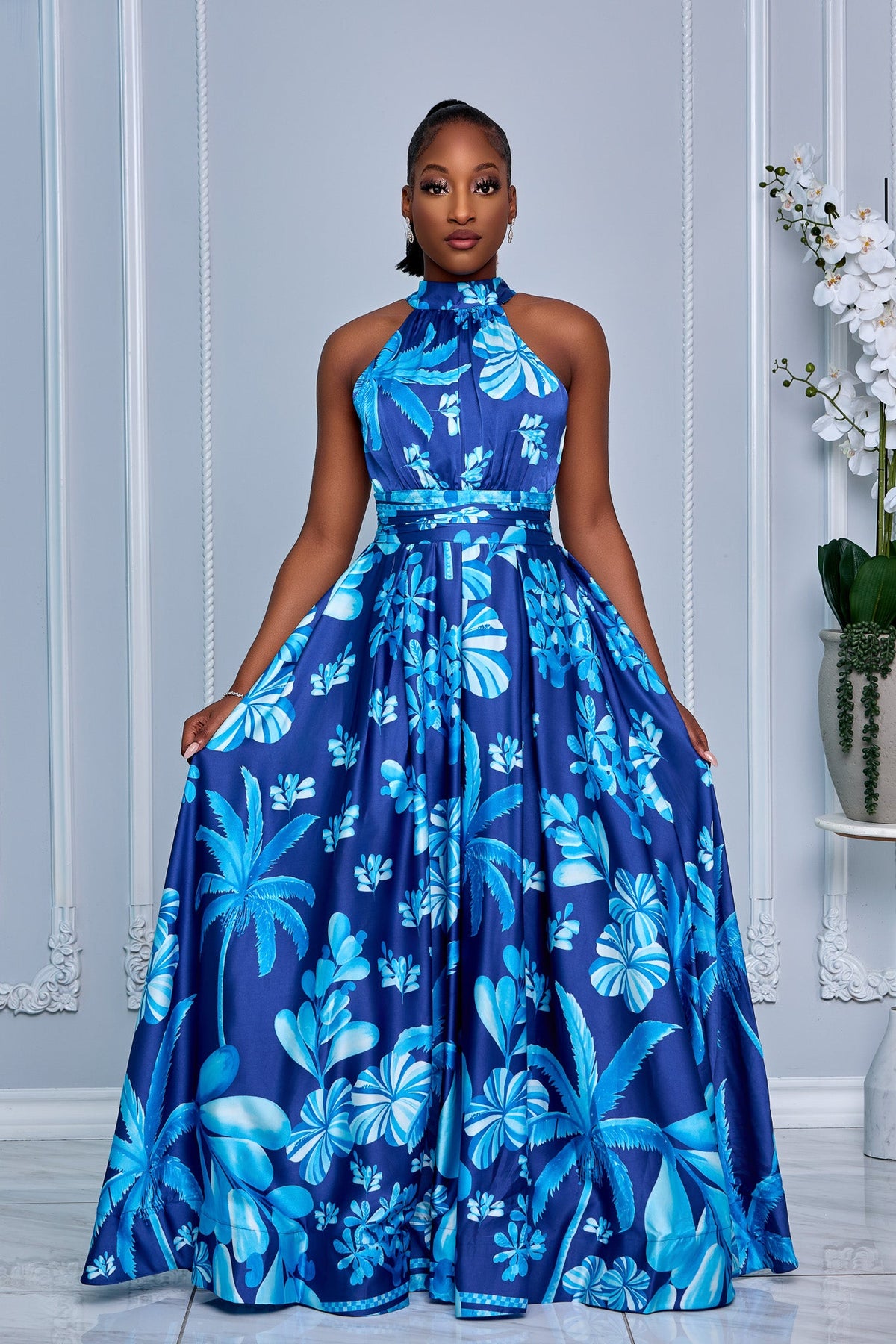FLORAL PRINT HALTER NECK TIE OPEN BACK MAXI DRESS (ROYAL BLUE)