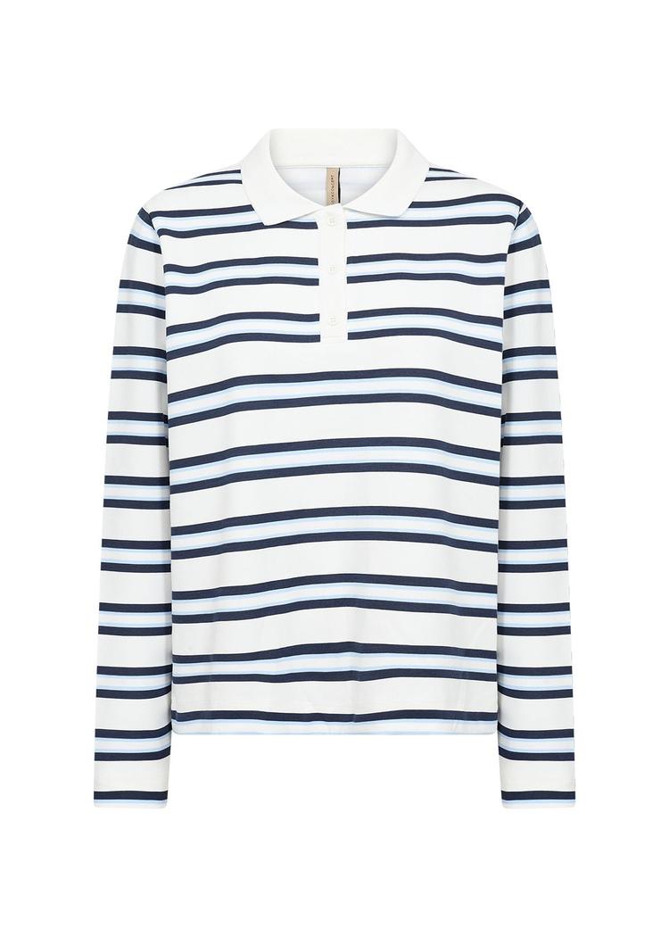 Navy combi striped long-sleeve blouse with white collar and button placket.