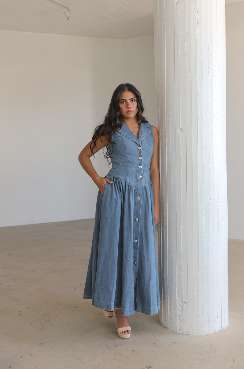 Sleeveless Denim Maxi Dress with button front, collared and pockets