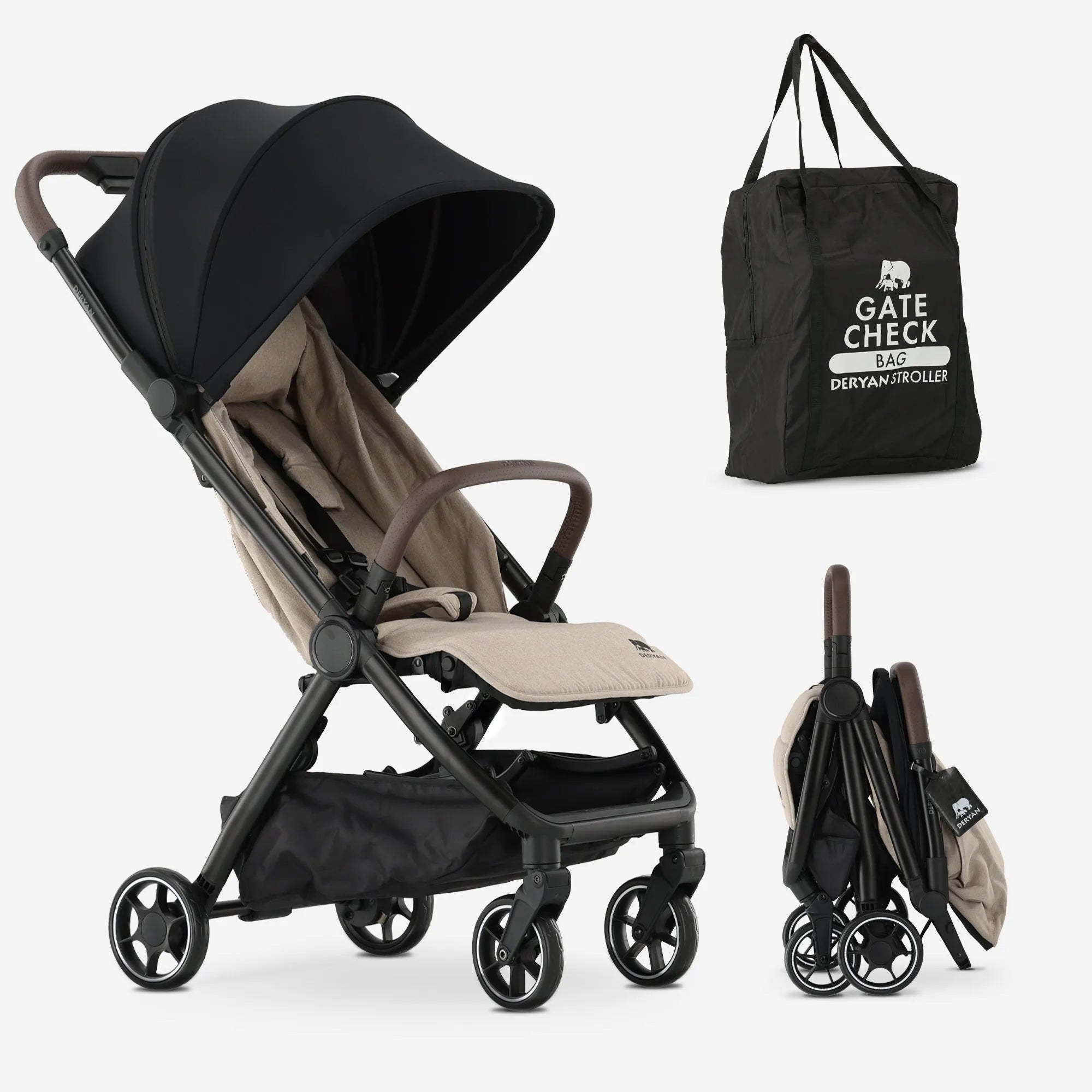 DERYAN Buggy Nougat kompakter Reisebuggy, leicht, zusammenklappbar, mit Staufach und Verriegelung