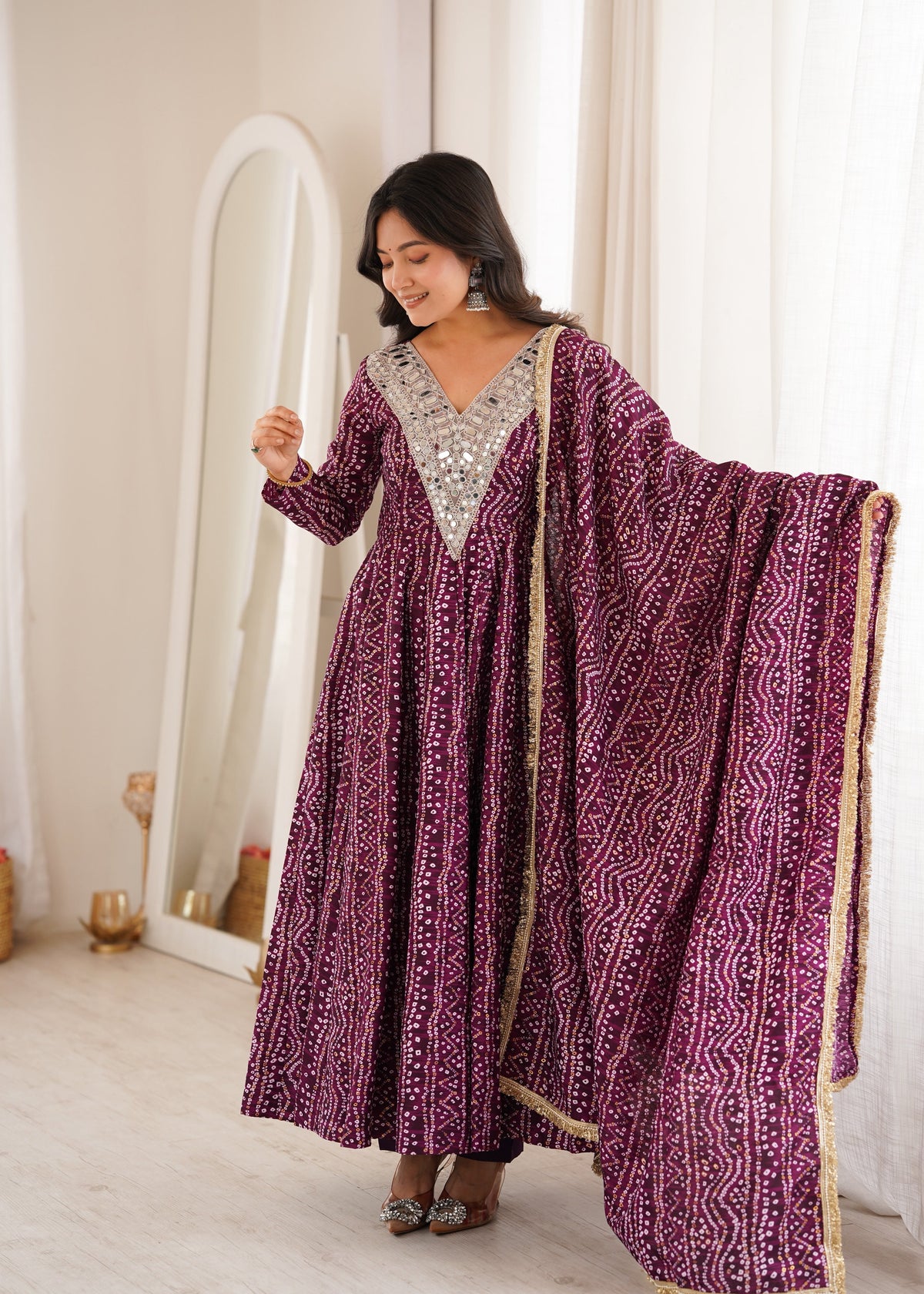 Wine purple mirror embroidered rayon gown with dupatta