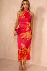 Beth Pink and Orange Satin Floral Halter Neck Dress