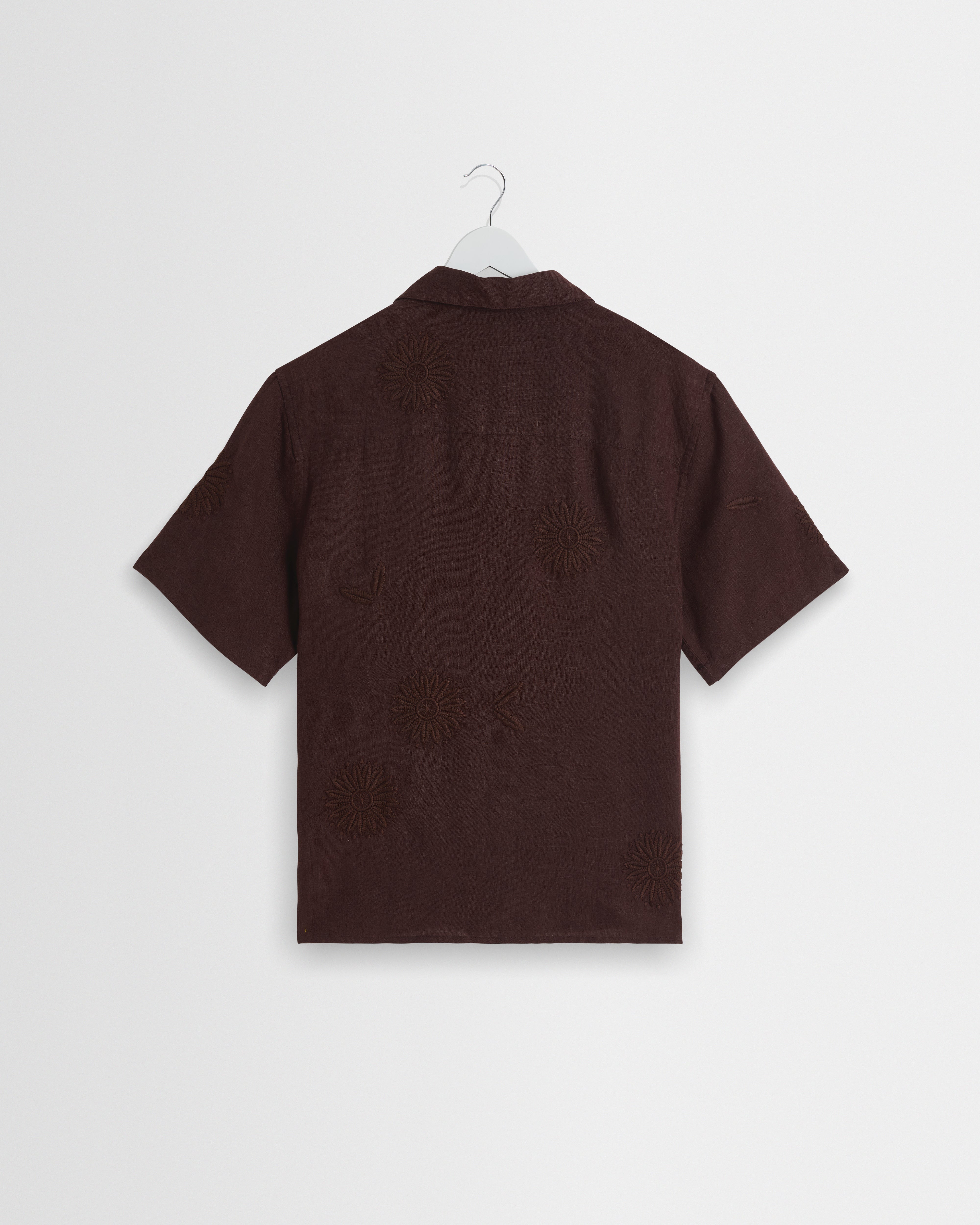 wax london men's Didcot - Brown Flower Embroidered Short-Sleeve Shirt