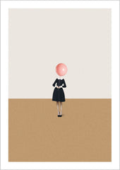 A figure in a black dress stands on a tan surface, with a pink balloon instead of a head against a light background. – Arteve Gallery