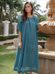 Female wearing a Greyish Blue Solid Color Flared Round Neckline No Collar Dress