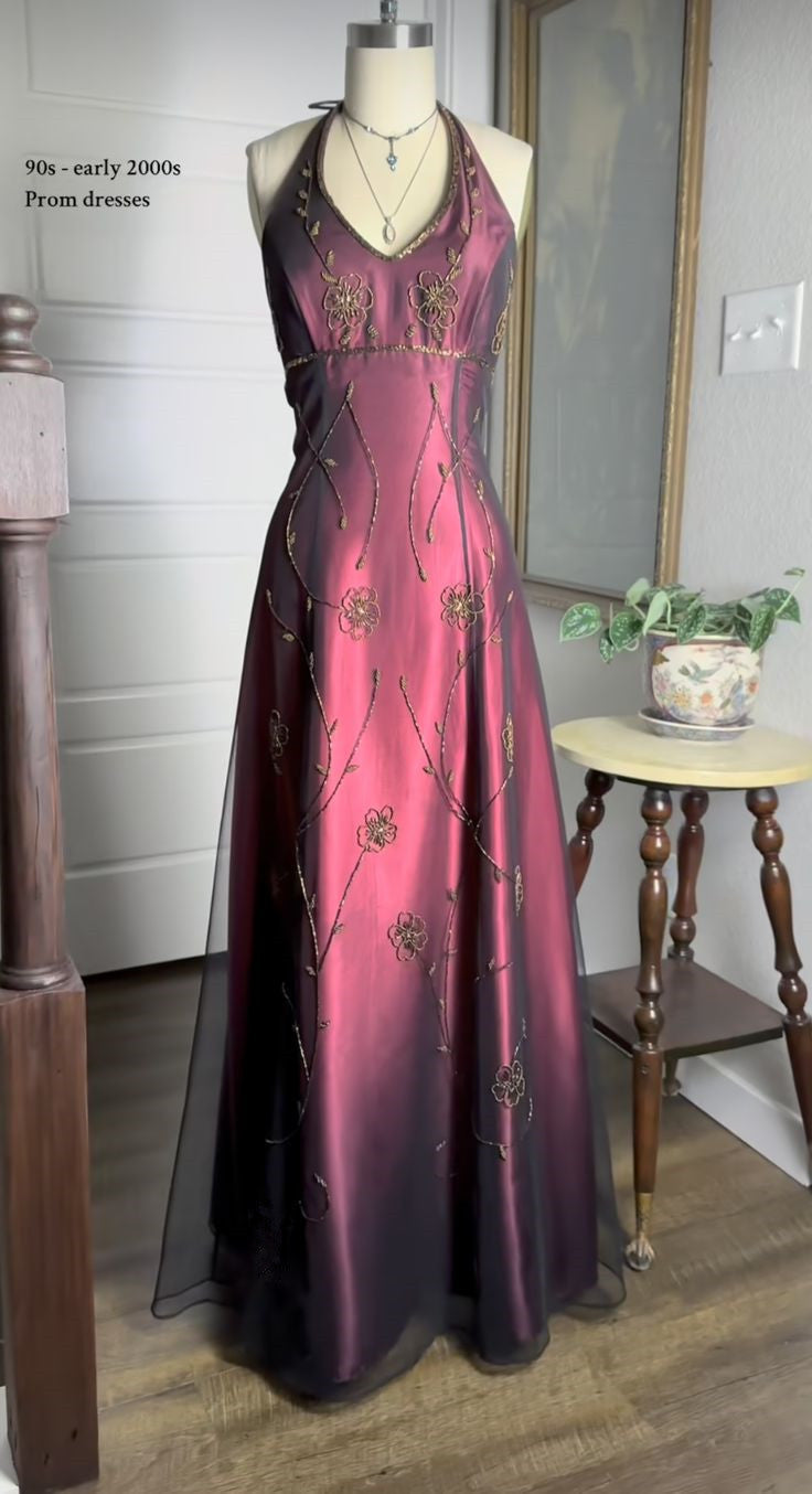 Vintage Halter-Neck Sheath Prom Dress Beaded Chiffon Long Evening Gown DP4469