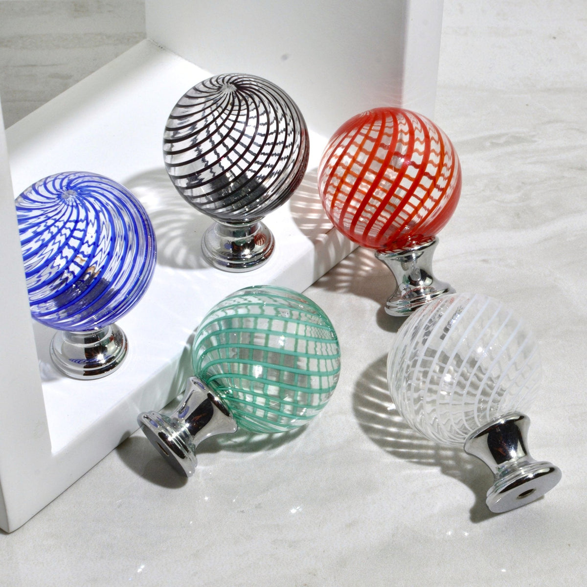 Colorful Murano Glass Filigrana cabinet and drawer knob pull by My Italian Decor, handcrafted Italian glass home decor accessory.