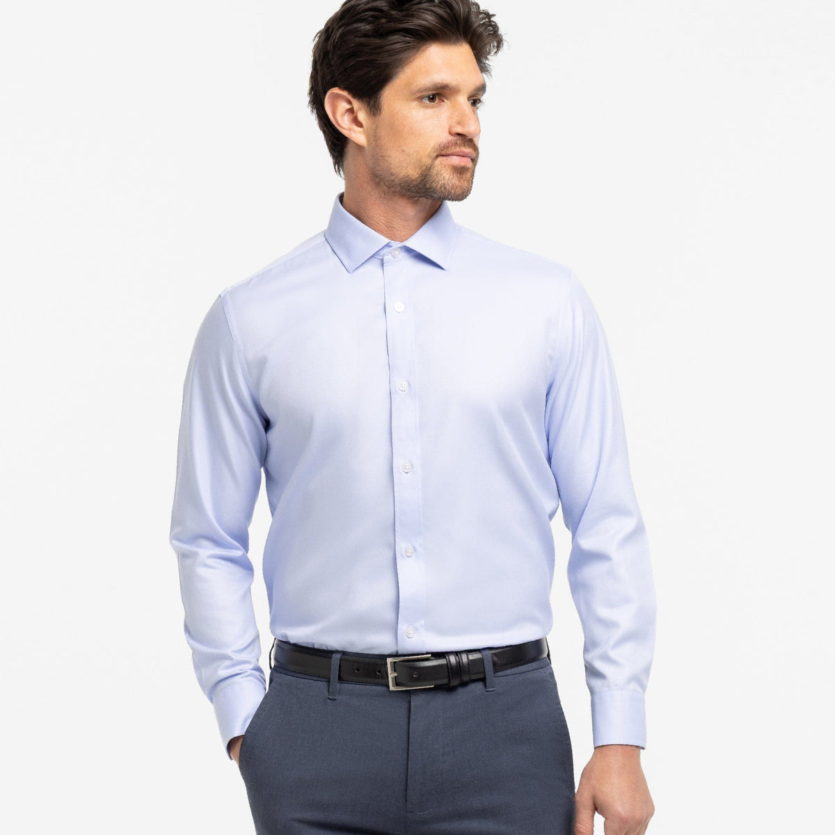 Ash & Erie Blue Twill Wrinkle Resistant Dress Shirt for Short Men   Dress Shirts