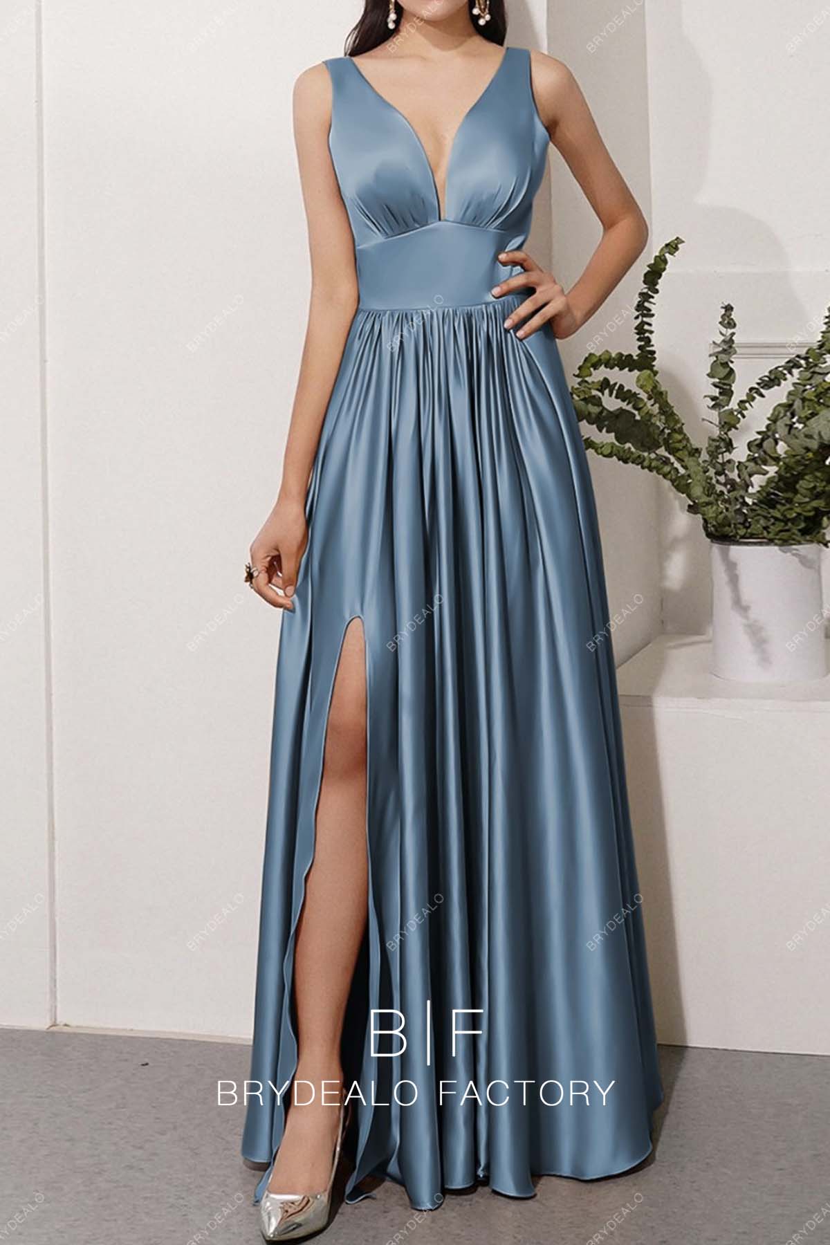 dusty blue charmeuse long bridesmaid dress