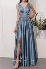 dusty blue charmeuse long bridesmaid dress