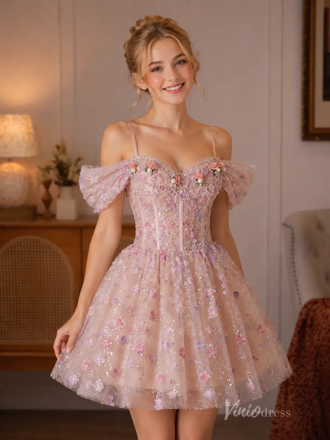 Dusty Pink Floral Sequin Corset Homecoming Dress with Puff Sleeves & Glitter Tulle Skirt - BJ115-Homecoming Dresses 2026-Viniodress-Pink-US 0-