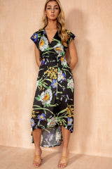 Tillie Black Satin Floral Wrap Dress