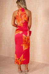 Beth Pink and Orange Satin Floral Halter Neck Dress