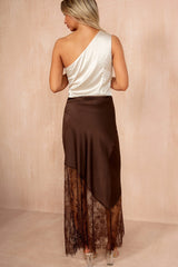 Leanna Chocolate Satin Lace Asymmetric Midi Skirt