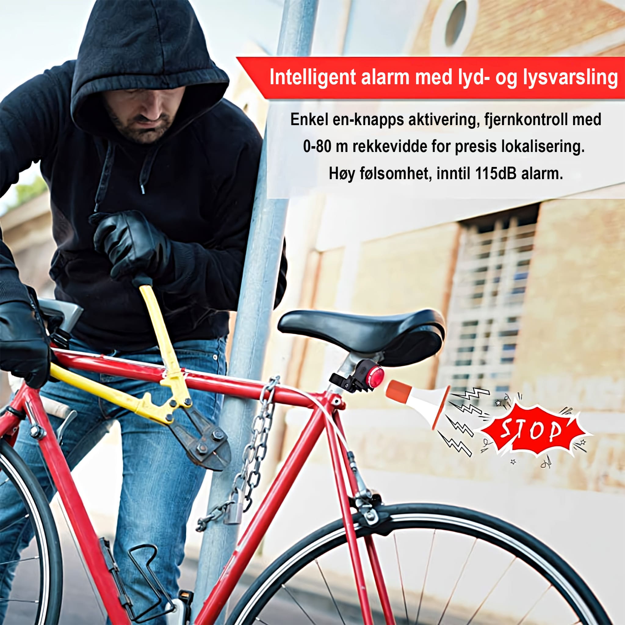 ebiketech Lumi A8 Pro v.2.0 intelligent sykkelalarm, smart bremselys, baklykt og elektronisk sykkelhorn - fjernkontroll - 115dB - ebiketech