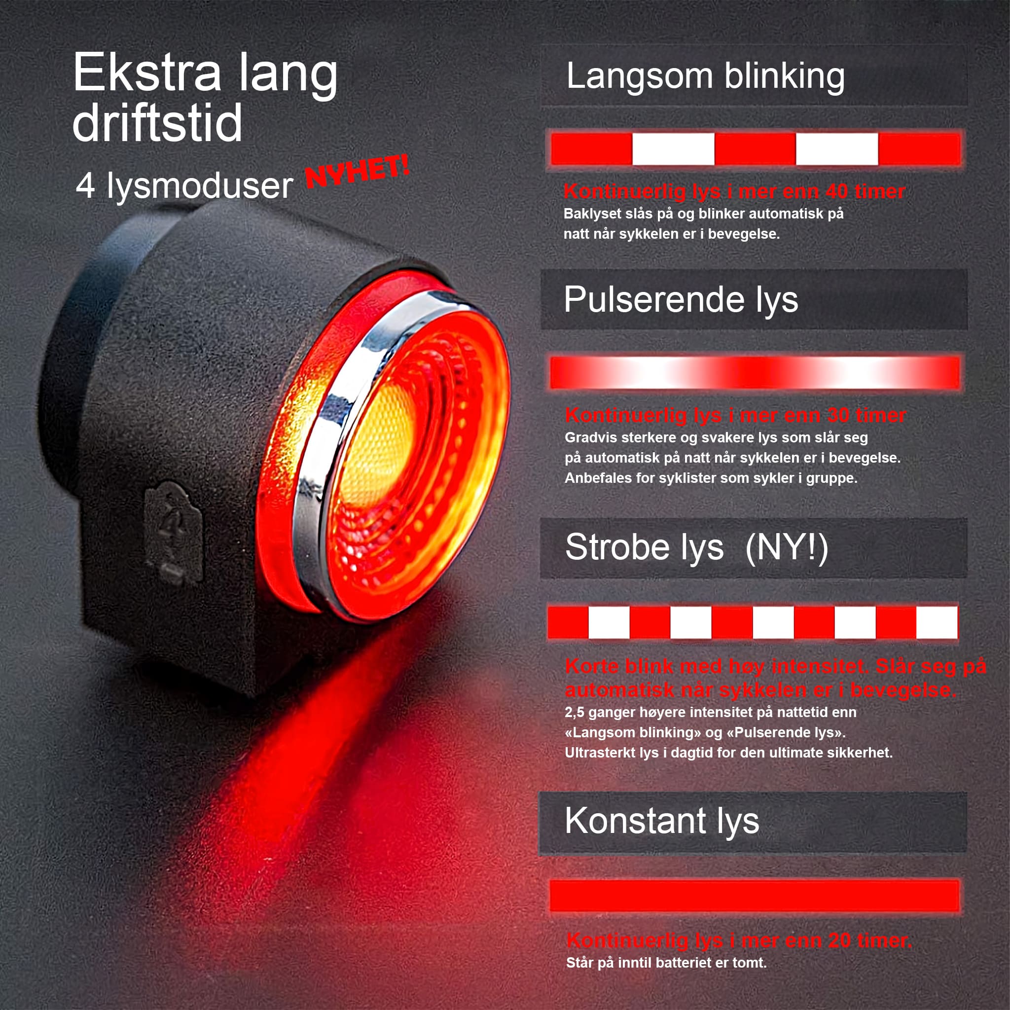 ebiketech Lumi A8 Pro v.2.0 intelligent sykkelalarm, smart bremselys, baklykt og elektronisk sykkelhorn - fjernkontroll - 115dB - ebiketech