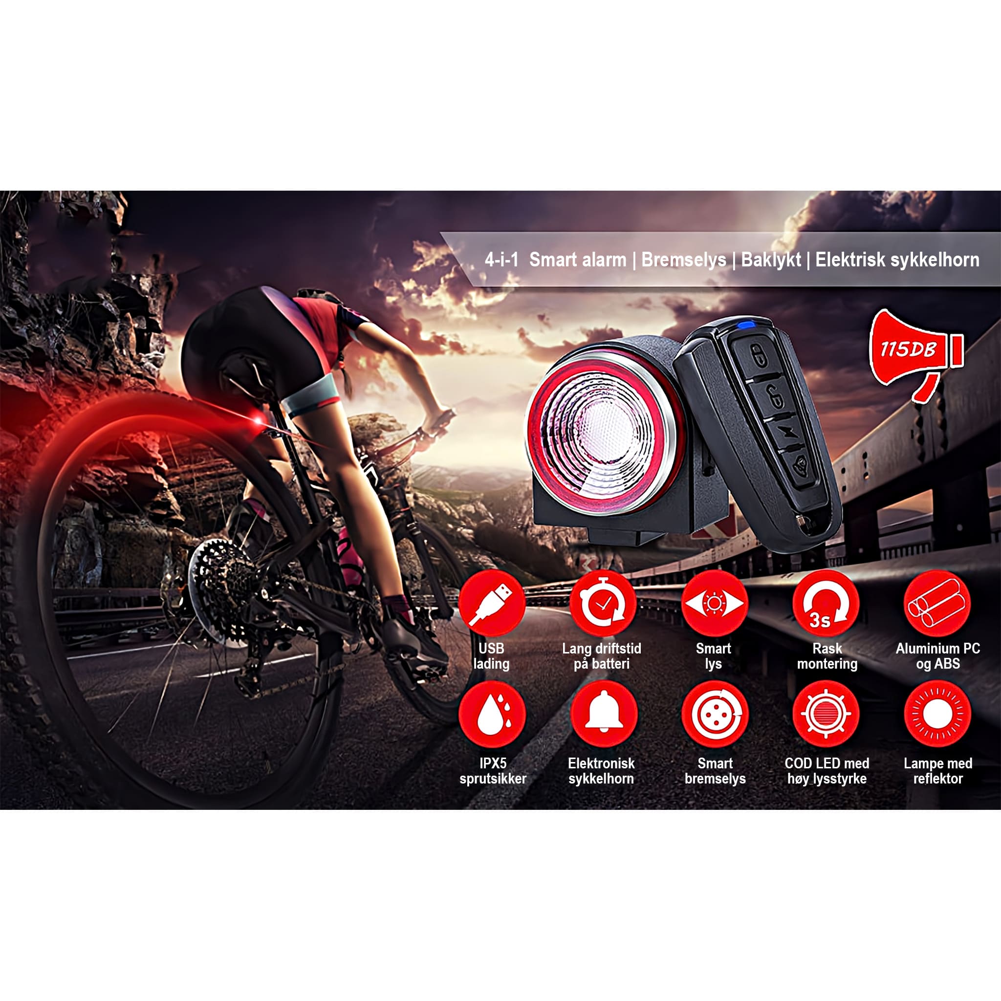 ebiketech Lumi A8 Pro v.2.0 intelligent sykkelalarm, smart bremselys, baklykt og elektronisk sykkelhorn - fjernkontroll - 115dB - ebiketech