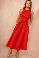 Gemma Blood Orange Racer Neck Midi Dress