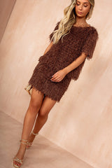 Jade Chocolate Faux Feather Sparkle Top
