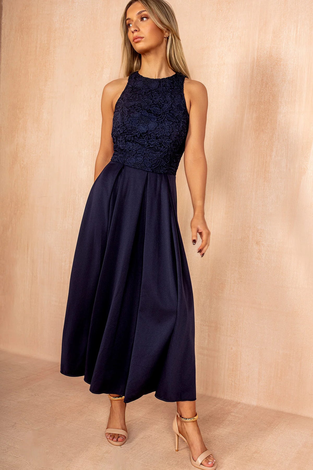 Lilah Navy Embroidered Top Midi Dress