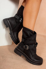 Hanora Black Leather Look Chunky Ankle Boots