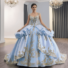 Elegant Floral Baby Blue and Gold Quinceanera Dresses with Ruffle - Rosymae