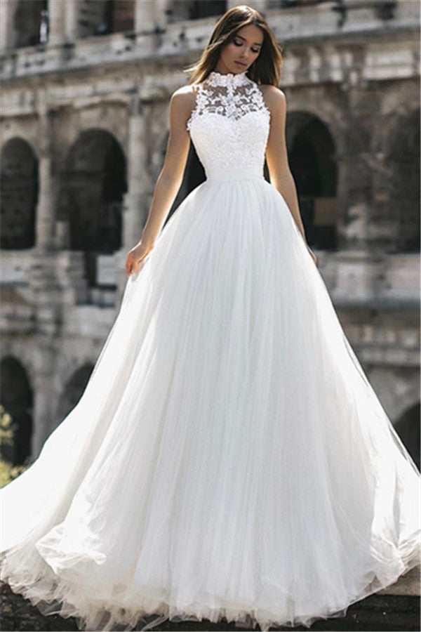 Elegant High Neck Sleeveless Appliques A-Line Floor-Length Wedding Dresses-Ballbella