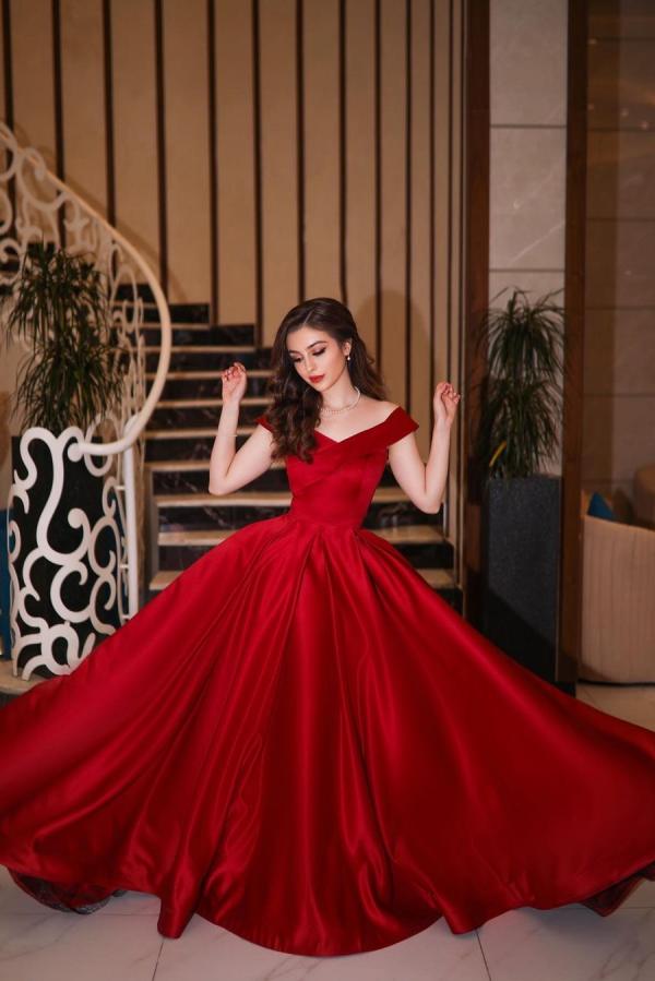 Elegant Long A-line Off-the-shoulder Satin Red Prom Dress-BIZTUNNEL