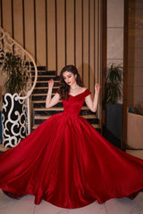 Elegant Long A-line Off-the-shoulder Satin Red Prom Dress-BIZTUNNEL