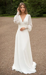 Jolanda | A-Line Floor Chiffon Long Sleeve Wedding Dress with Sequins and Train