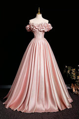 Elegant Pink Satin Prom Dresses Ball Gown, A-Line Off-The-Shoulder Backless Floor-Length Formal Dresses - Loveydress