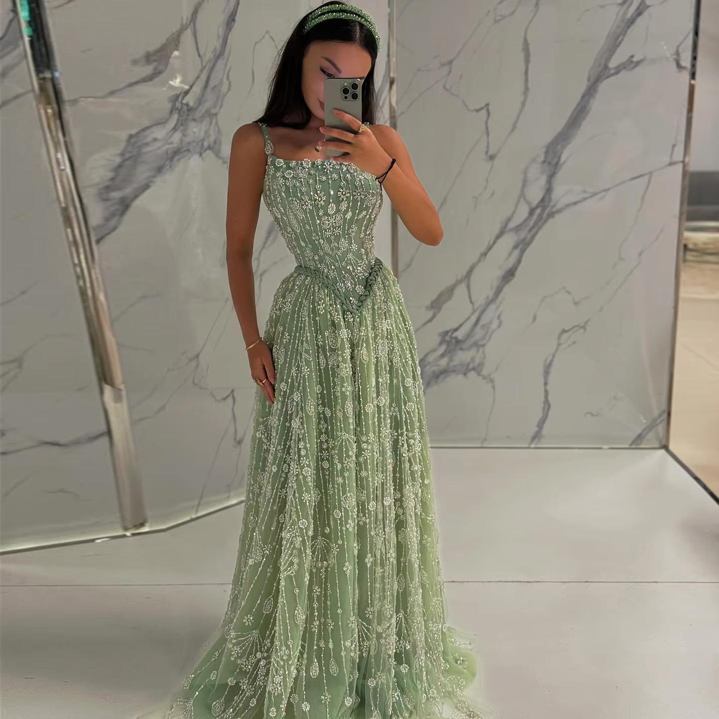 Elegant Sage Green Luxury Evening Dress with Spaghetti Straps SS693