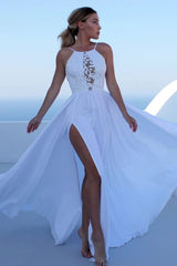 Elegant Sleeveless White Prom Dress for Teens Sexy Split Chiffon Long Evening Dresses - Prom Dresses