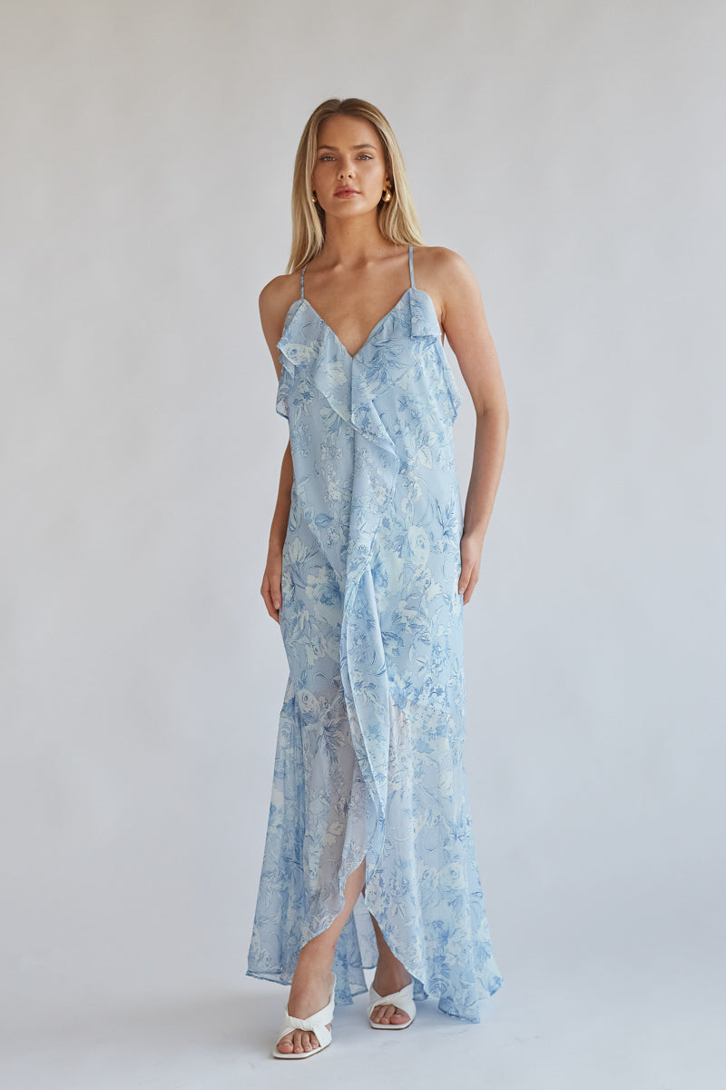 blue-image | blue and white flowy high low maxi dress | wedding guest dress inspo 2024