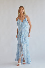 blue-image | blue and white flowy high low maxi dress | wedding guest dress inspo 2024