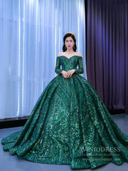 Emerald Green Sequin Lace Ball Gown Long Sleeve Wedding Dress 67368 viniodress-Quinceanera Dresses 2025 -Viniodress-Emerald Green-Custom Size-