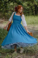 Blue Linen Cotton Dress – Vintage Cottagecore Square Neck Midi Dress 3502