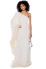 Front View Enticing One Shoulder Feather Maxi Dress In White
