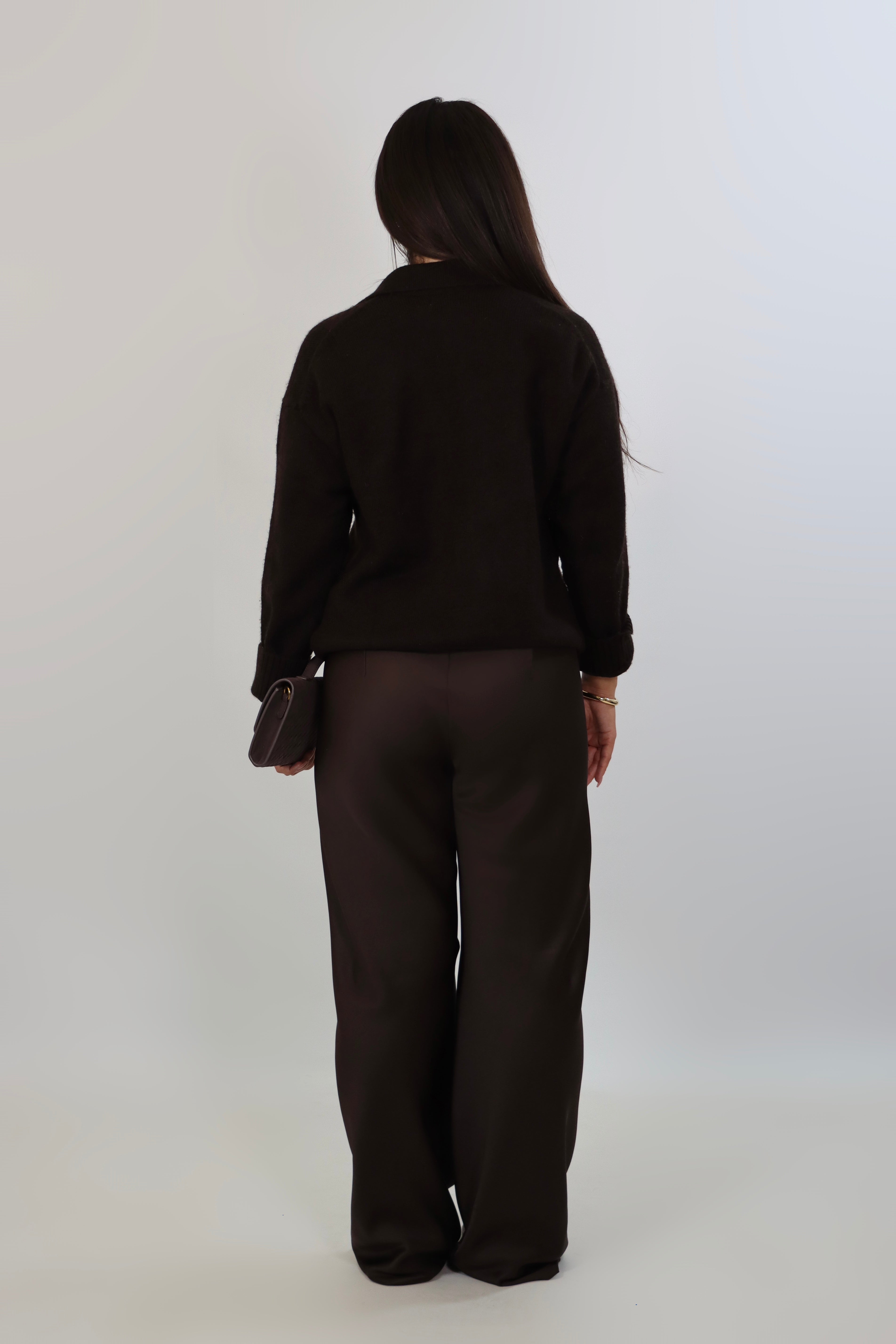 Elegant mid-waist wide-leg satin pants in a rich espresso brown shade, featuring a smooth, glossy finish and a fluid drape for a sophisticated, effortless look. Plus size - April Seven