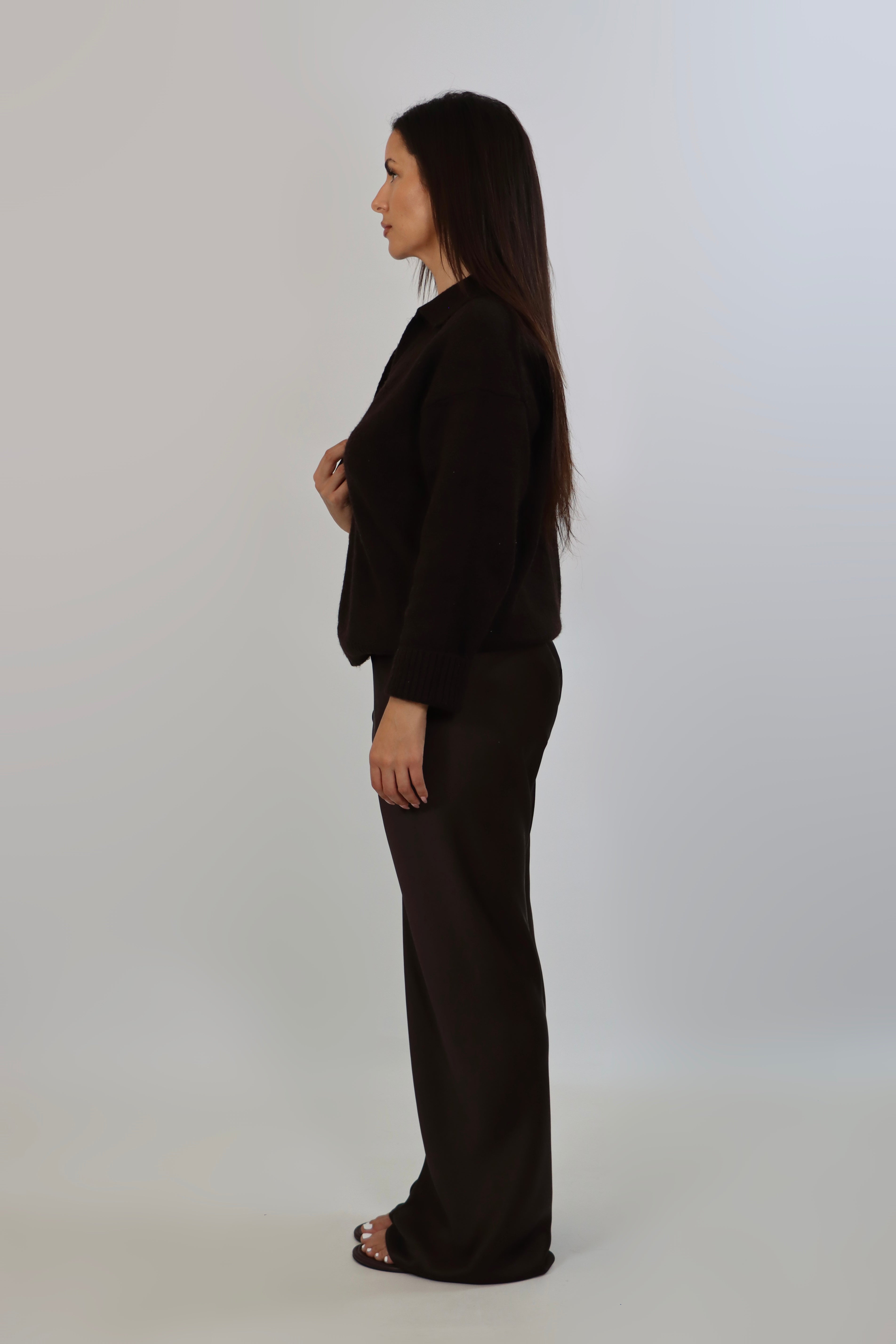Elegant mid-waist wide-leg satin pants in a rich espresso brown shade, featuring a smooth, glossy finish and a fluid drape for a sophisticated, effortless look. Plus size - April Seven