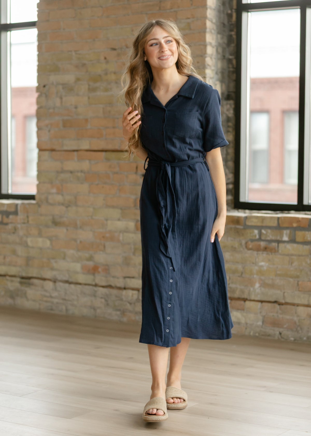 Essential Navy Short Sleeve Gauze Shirt Dress IC Dresses