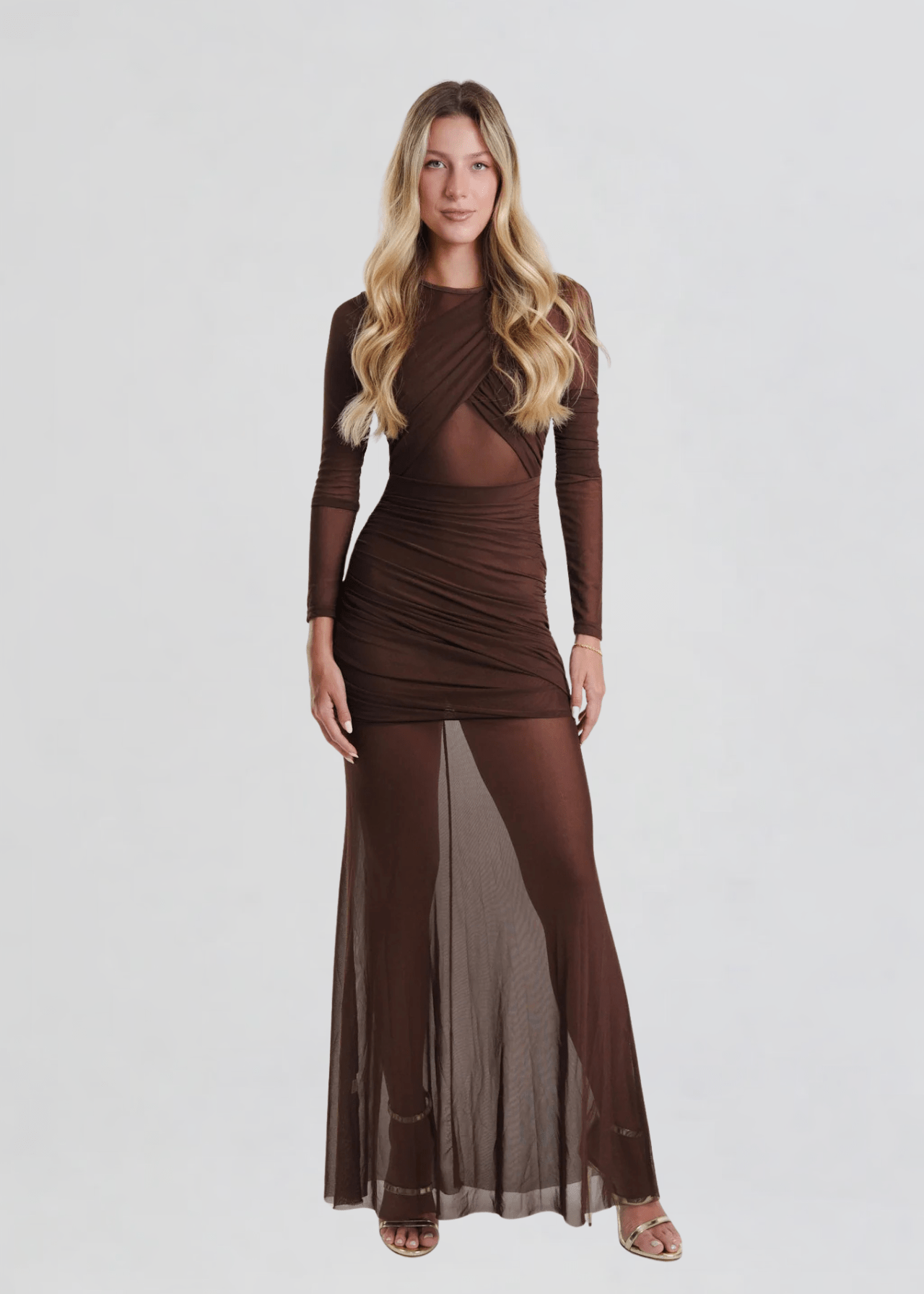 Eva Mesh Maxi Dress in Brown - Ché by Chelsey
