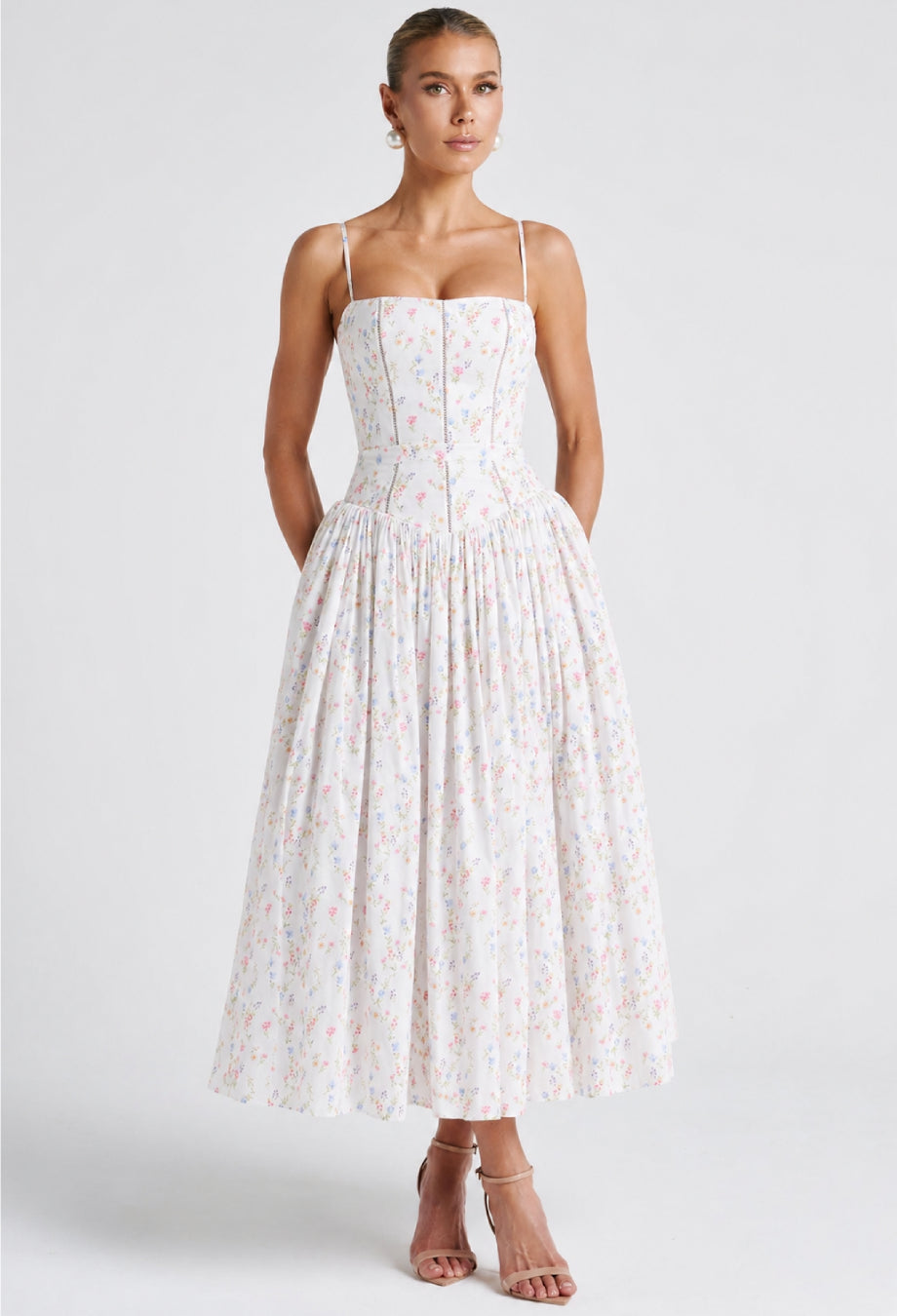Evelyn white floral print midi dress for garden wedding guest