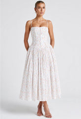 Evelyn white floral print midi dress for garden wedding guest