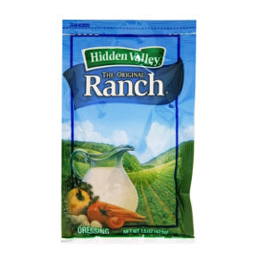 Hidden Valley Ranch Dressing F02-0002004-1300 - 1.5 oz ranch flavor salad dressing in individually sealed single serving pouch. A convenient travel size for on the go.
