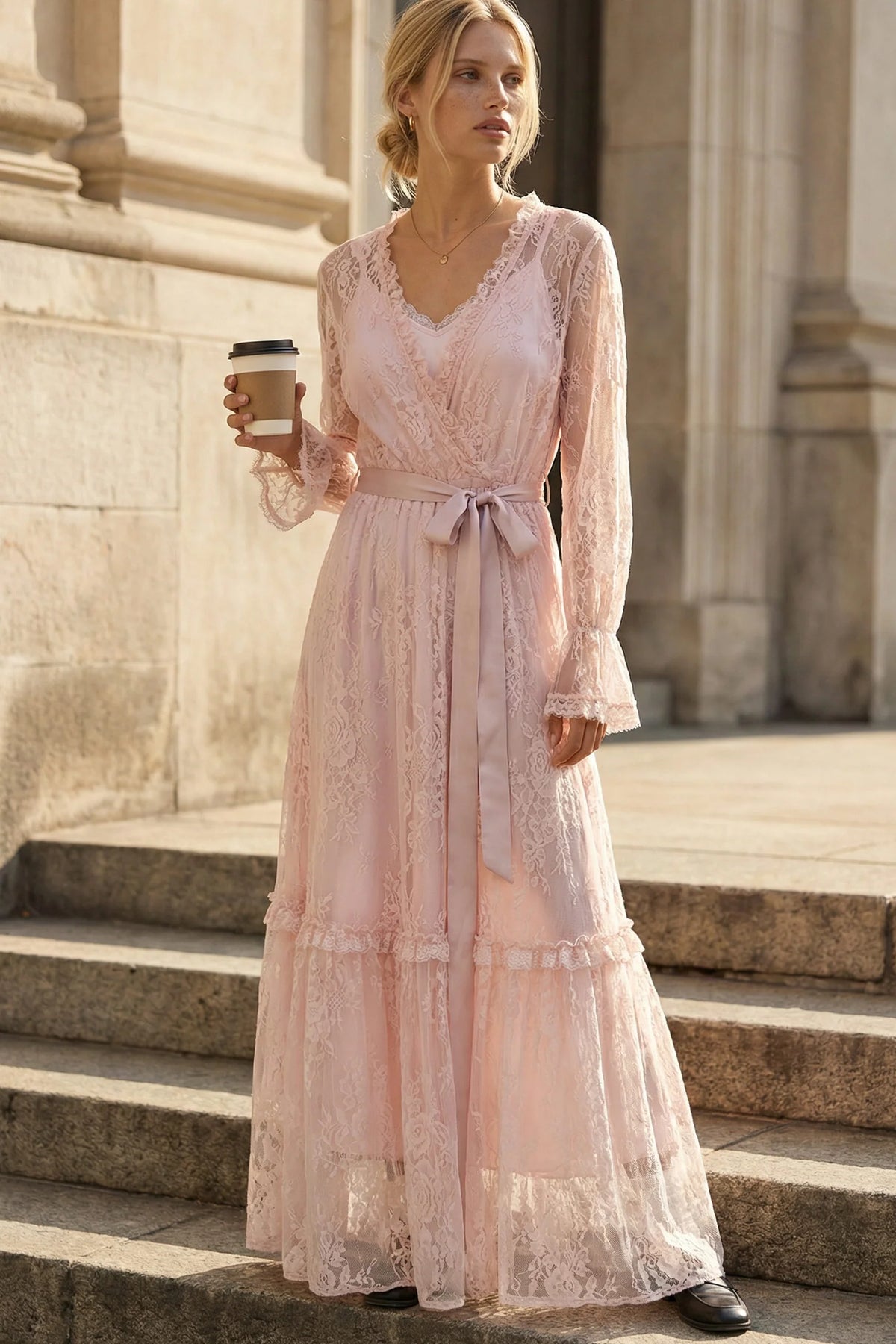 Margot Pink Sheer Lace Overlay Maxi Dress
